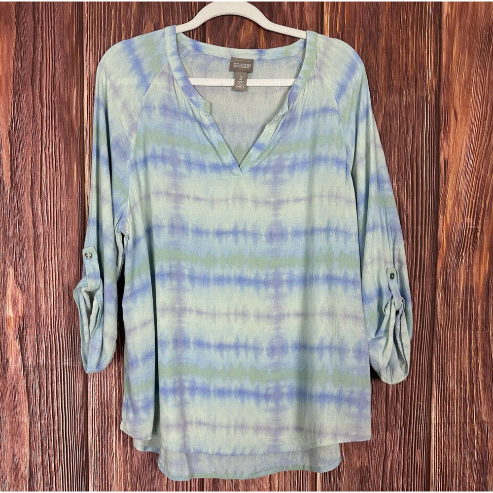 Chico's Womens Top Blouse Blue Tie Dye Print Roll tab Sleeve Size 2 Large